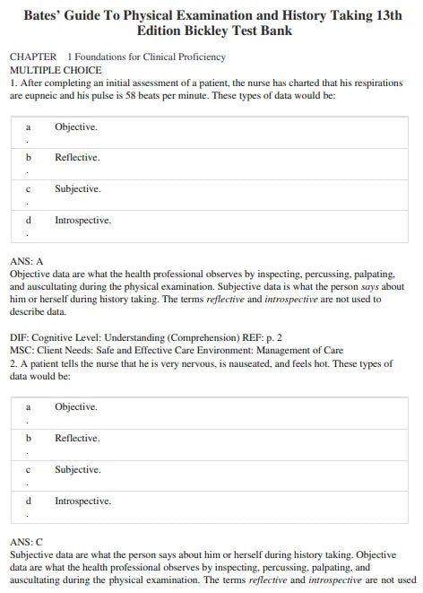 Bates Guide To Physical Examination and History Taking 13th Edition Bickley Test Bank